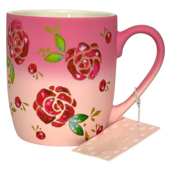 New Petal And Pearl Soft Touch Ceramic Mug Pink With Gold Trim Red Roses - Picture 2 of 6